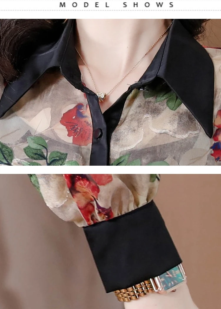 Vintage damesblouses Casual bedrukte shirts Mode losse lente/zomer chiffon kleding Koreaanse damestops met lange mouwen