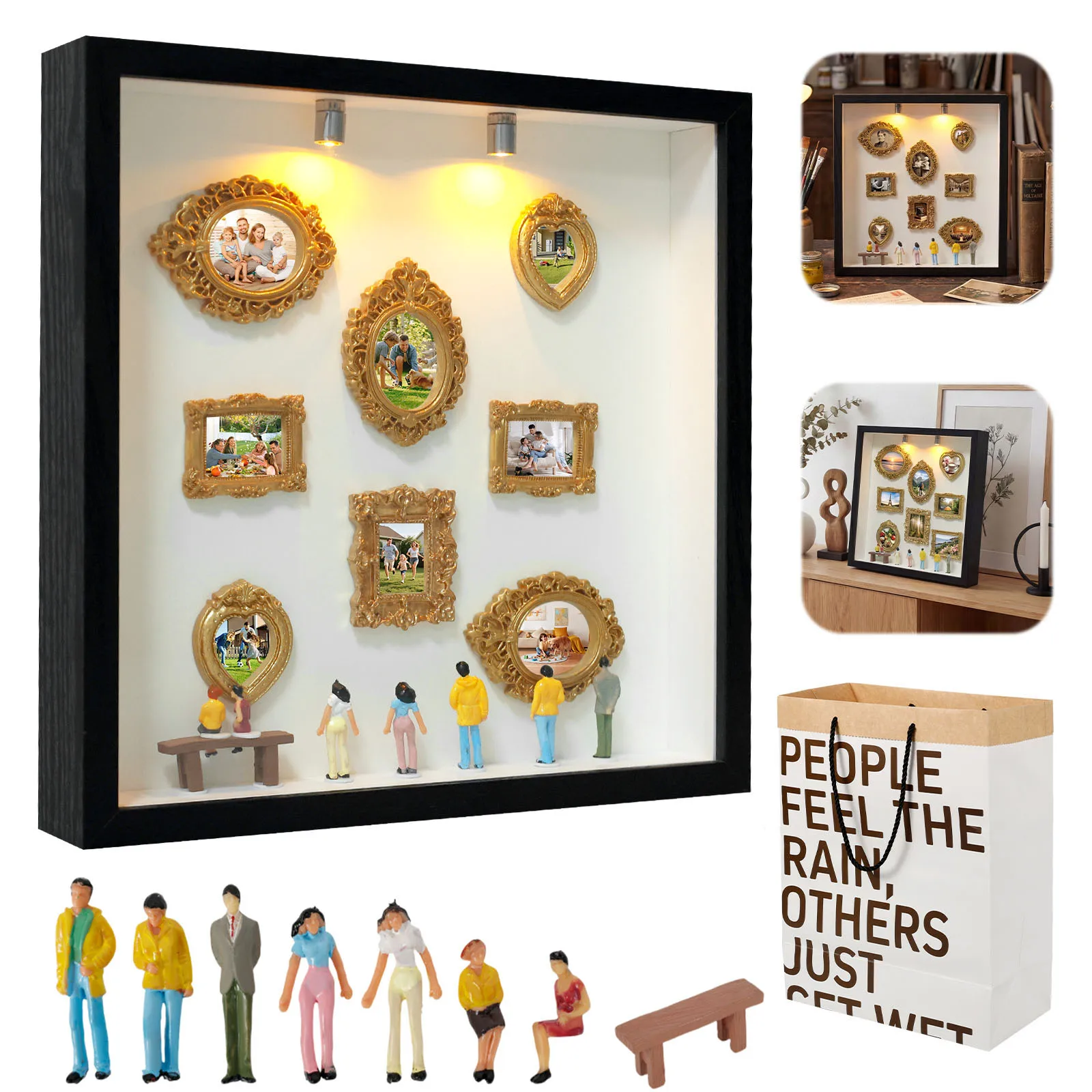 Mini-Museum-Fotoalbum: Stilvolle DIY-Silhouettenbox mit Miniaturstatue und Goldrahmen für kreative Erinnerungspräsentation