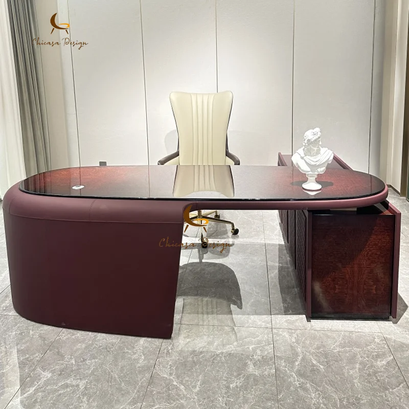 Modern Luxury Solid Wood Corner L Shape CEO Executive Director Glass Office Working Table And Chair Set For Home Office