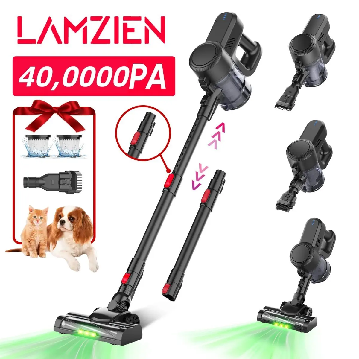 Aspirateur sans fil à moteur sans balais - 40 KPA, 40 minutes d'autonomie, rechargeable. Léger pour la maison/la chambre/les tapis/les poils d'animaux