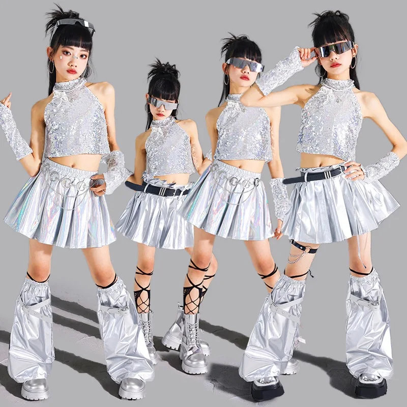 Kids Kpop Stage Costume Girls Jazz Dance Outfit Silver Sequin Vest &Shiny Skirt Set Teens Kids Hip Hop Fashion Runway Clothes