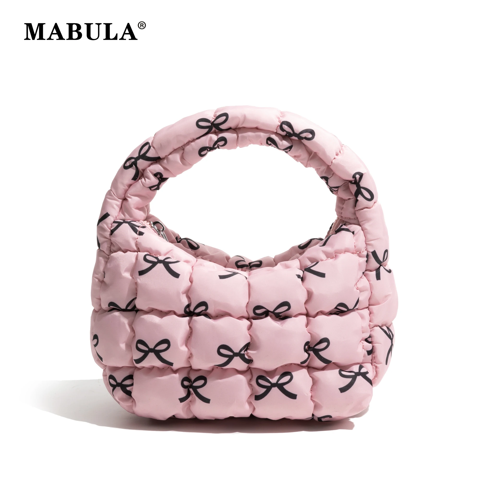 

MABULA Cute Pleated Bubble Clutch Bag Bow Pattern Nylon Lightweight Fashion Hobos Handbag Padded Down Quilted Ladies Phone Purse