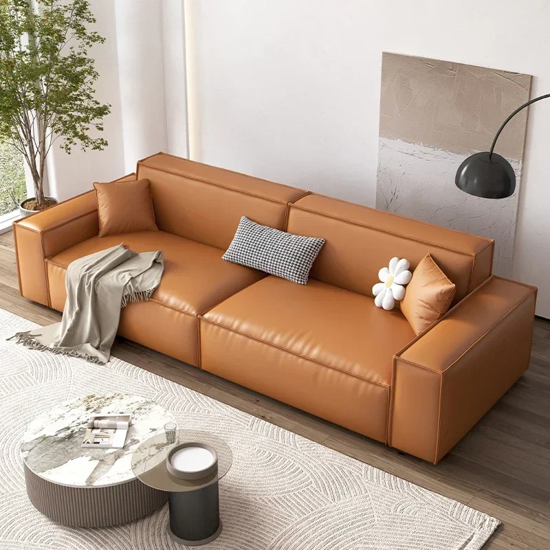 Leather sofa, cowhide Italian minimalist living room, small three-seat, in-line square tofu block sofa