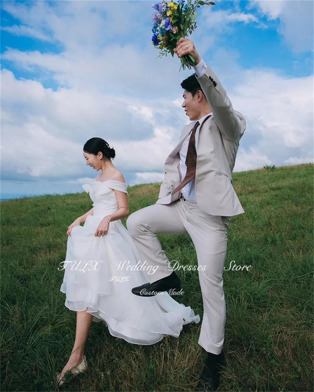 Tulx A Lijn Van De Schouder Korset Trouwjurken Korea Foto 'S Schieten Organza Vloerlengte Elegante Bruidsjurken Op Maat Gemaakt