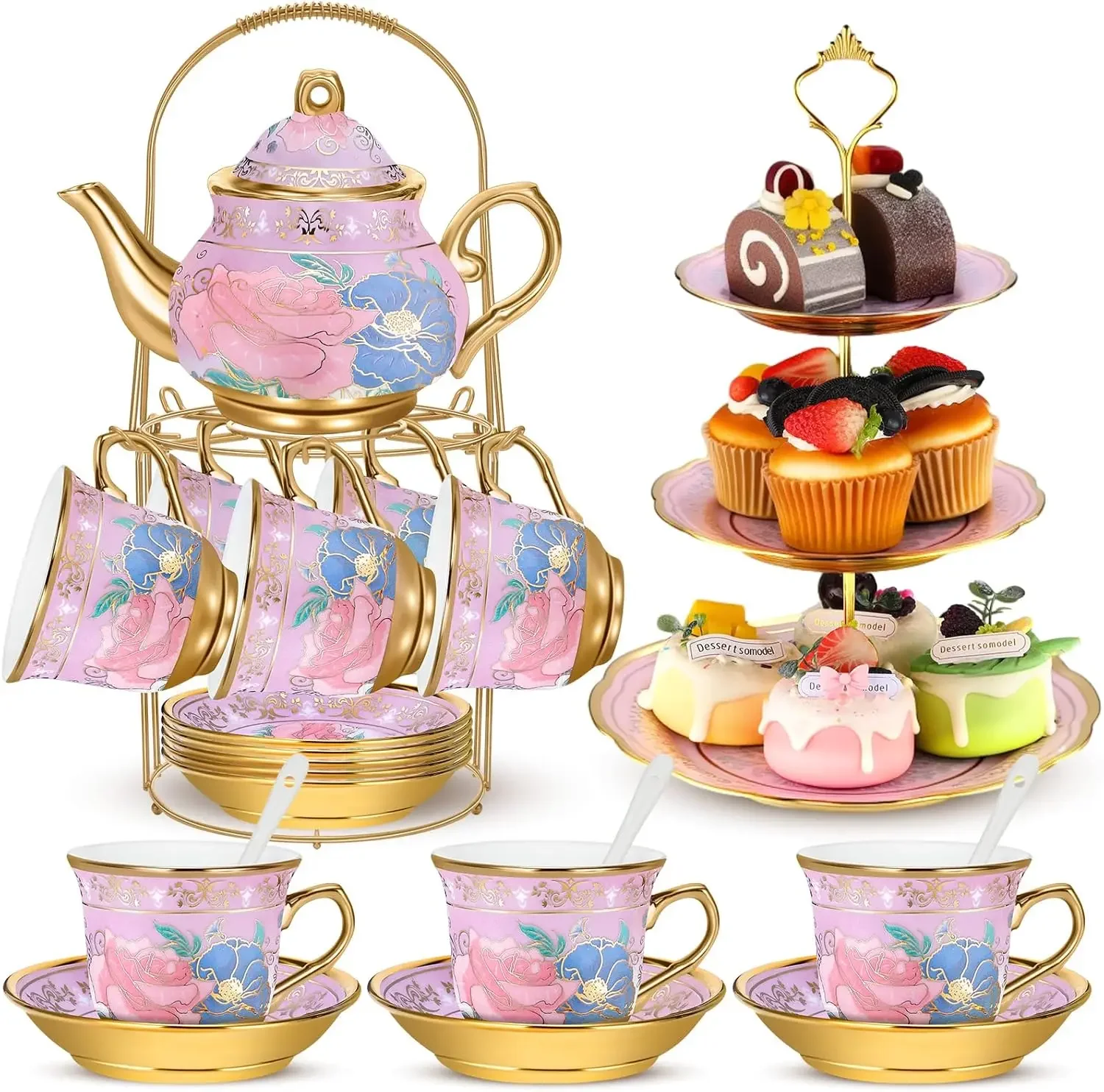

21pcs Set with Metal Holder and Cupcake Stand Ceramic Tea Pot Cups Saucers Cupcake Tier Tower European Tea Set for Women Girls