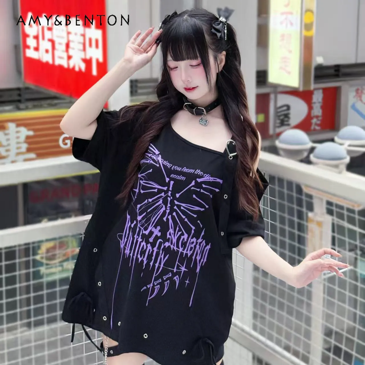

Original Subculture Print Off-the-shoulder Short-sleeved Oversized Top Women Summer New Gothic Spice Girl Y2K Graphic T Shirt