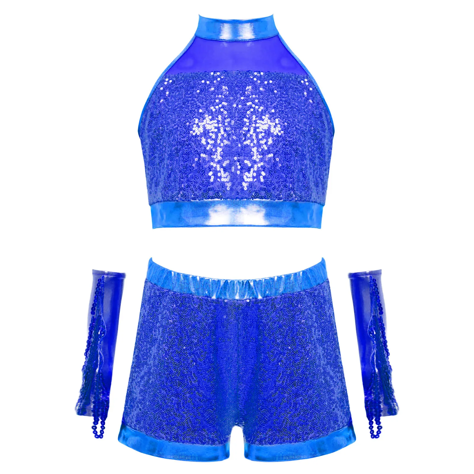 Costumi da ballo jazz lucidi per ragazze per bambini Set di abbigliamento da ballo per cheerleader Abiti da cheerleader metallizzati per bambini Abiti hip-hop per adolescenti