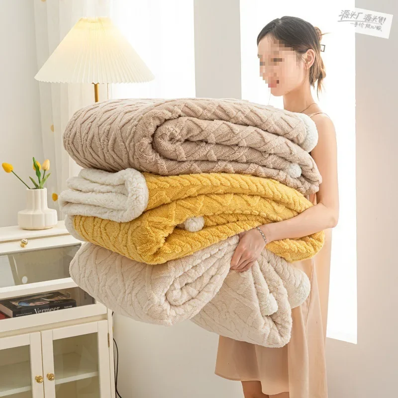 Winter Double-layer Thick Plush Blanket Home Warm Plaid Comforter Bedspreads on The Bed Bedding Sheet Jacquard Lamb Wool  Quilt