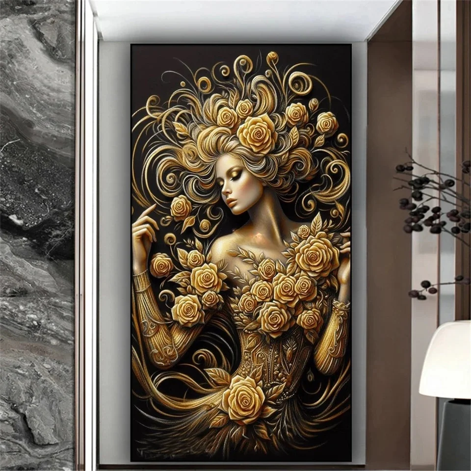 

Алмазная картина, черное золото, женские цветы, картина со стразами, сделай сам, 5D вышивка, богиня розы, алмазная мозаика, большое искусство