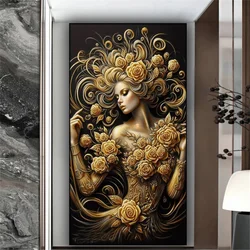 Diamond Painting Black Gold Woman Flowers Picture Of Rhinestone DIY 5D Embroidery Goddess of Rose Diamond Mosaic Large Art
