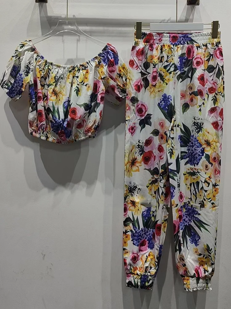 

Fashion sexy flower print short suspender top summer new two-piece elastic waist leg pants casual women's suit