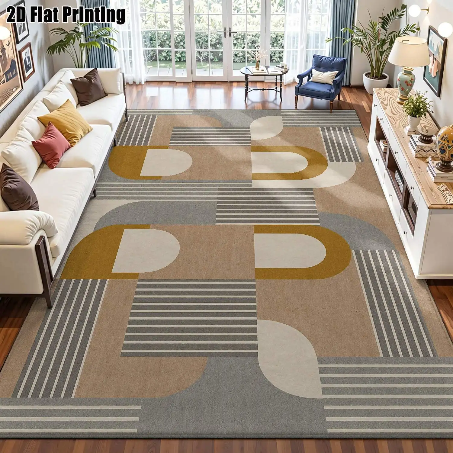 1Pc 2D Printed Nordic/Instagram-Style Geometric Brown-Grey Carpet, Modern Minimalist Home Decor Mat, Multi-Size, Machine Washable, for Entryway, Living Room, Bedroom, Dining Room, Foyer