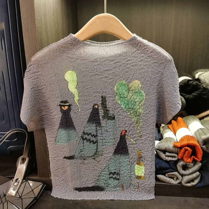 

Miyake 2025 Summer New Pleated Printed T-shirt Temperament Versatile Thin Stand-up Collar Short-sleeved Blouse Female Elasticity
