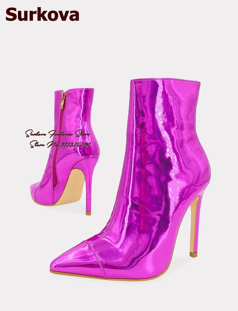 Surkova Metallic Green Pink Patent Leather Ankle Boots Hologram Iridescent Stiletto Heel Pointed Toe Short Booties Zipped Shoes