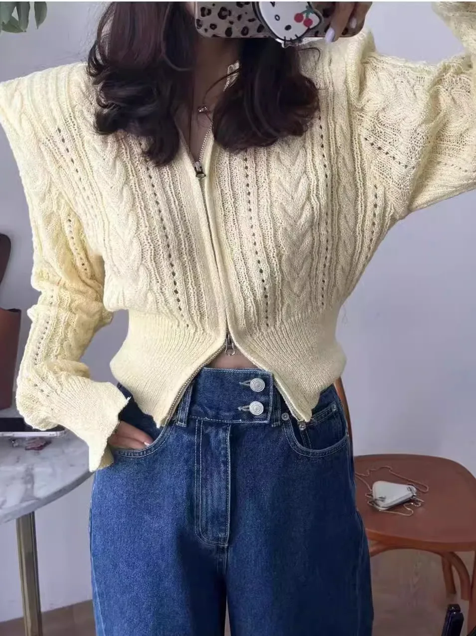 

Women's Slim Fit Knitted Sweater Hollow out Zipper Long Sve round Ne Pullover Faionable Versatile Open Cardigan Top