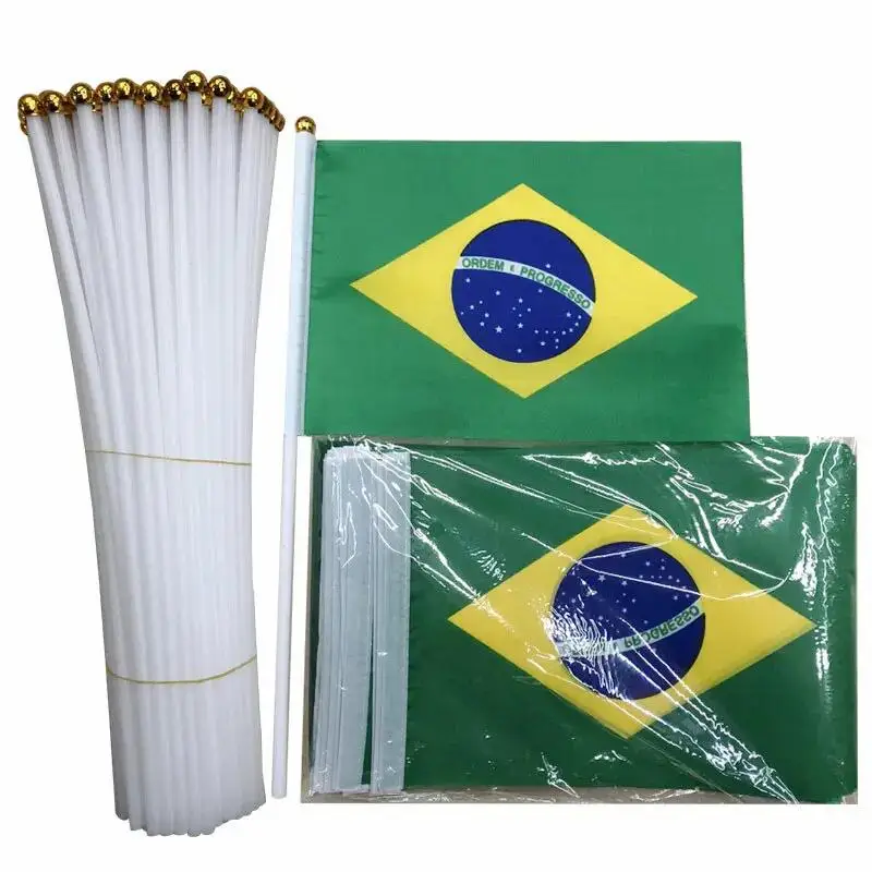 (SKY FLAG)14x21cm Brazil's National Flag Hand Waving Flags with Plastic Poles Brazil Hand Flag for Office / Sports Decoration
