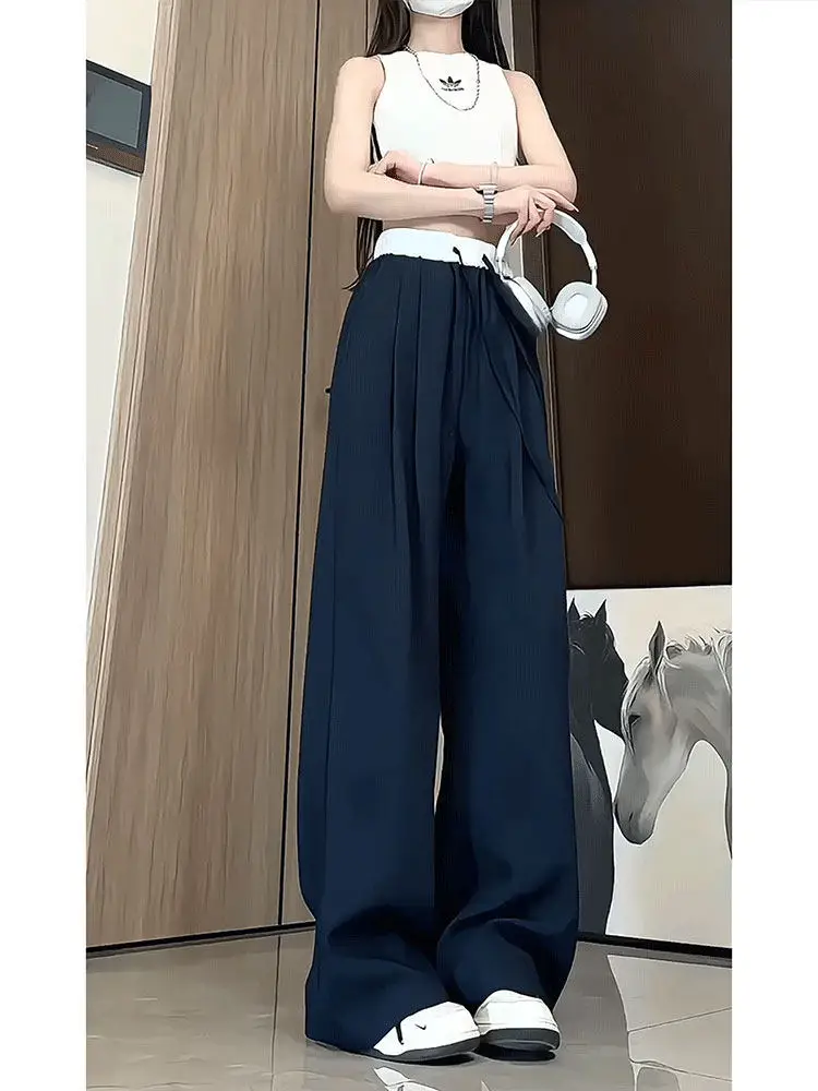 Cool Feeling Light Blue Men's Casual Pants Ice Silk Wide Leg Thin Design Quick Dry Sun Protection Straight Cut Leisure Trousers