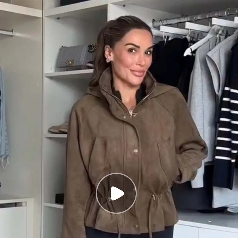 

YENKYE 2025 Autumn Winter Women Stand Collar With Hooded Faux Suede Jacket Long Sleeve Adjustable Drawstring Waist Cool Coat