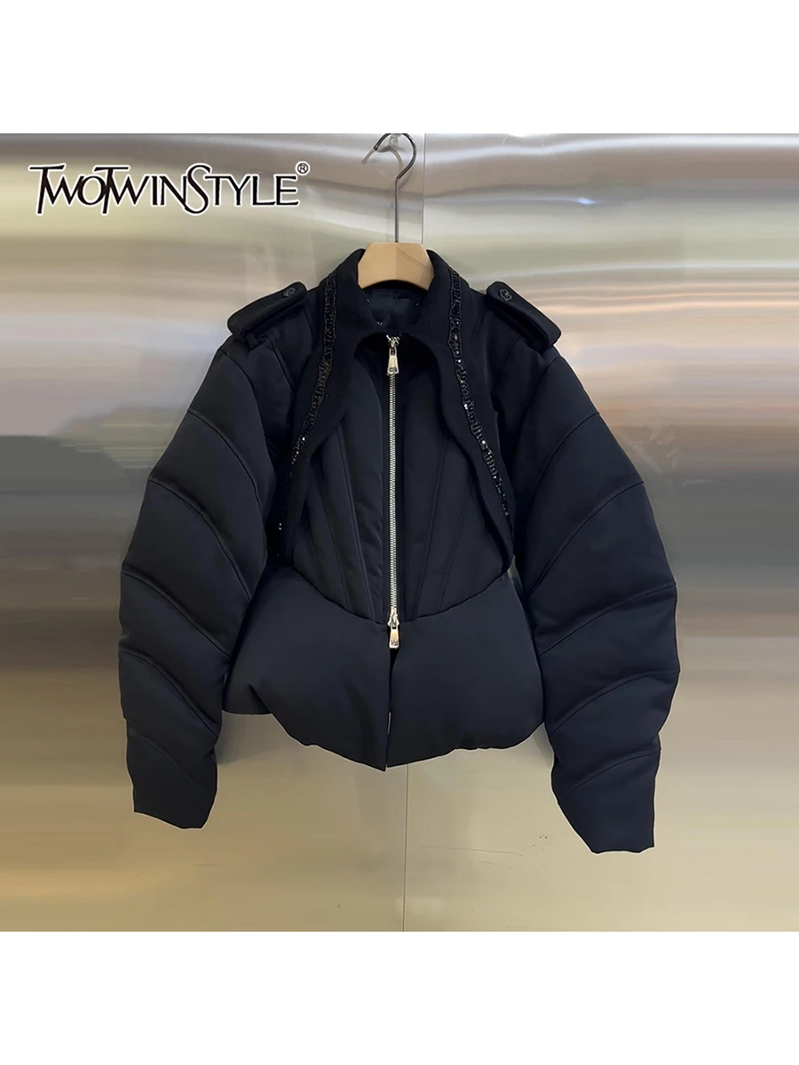 

TWOTWINSTYLE однотонные модные пальто с блестками для женщин, лоскутное базовое пальто на молнии с лацканами и длинными рукавами, женская одежда, новинка