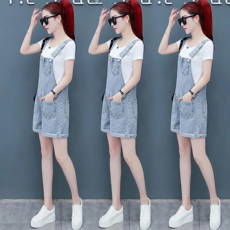 Anti-Aging Denim Overalls Women's Two-Piece Set Summer New Korean Style High Waist Cotton Blend Fabric Commute Style Shorts