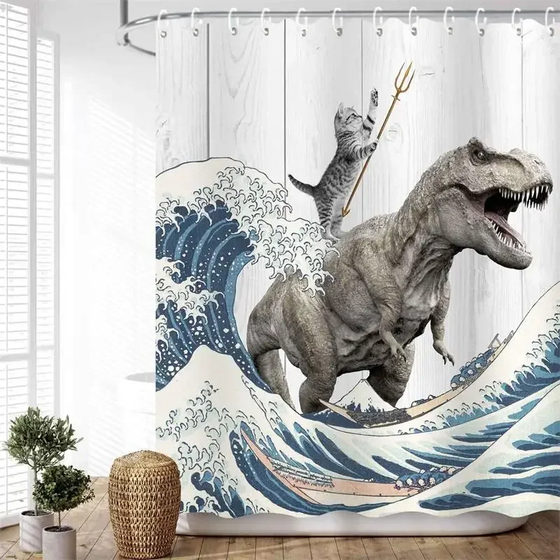 Funny Cat Riding Dinosaur Shower Curtains Cute Animal Sea Waves Surfboard Creative Kids Bath Curtain Set Fabric Bathroom Decor view 3