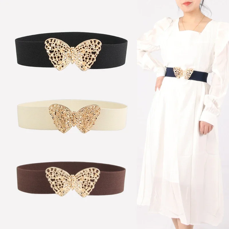 

Butterfly Buckle Stretch Belt Luxury Adjustable Jeans Dress Waistband Elastic Waist Band Women Fashion Wide Hollow Shiny Belts