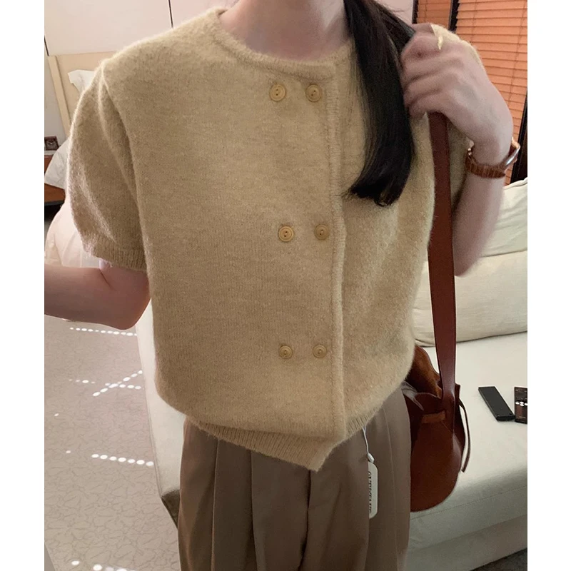 KUSAHIKI Korean Chic Autumn Retro Niche Round Neck Double Breasted Soft Versatile Puff Sleeve Knitted Sweater Top dla kobiet