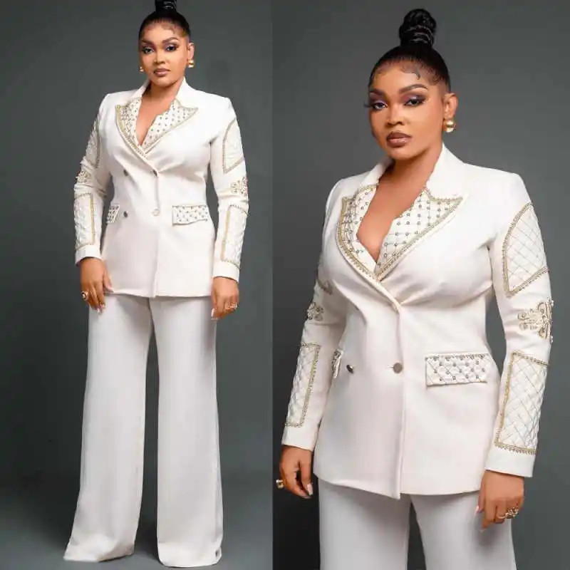 

Classic Pearls Women's Suit 2 Piece Jacket Pants Double Breasted Decal Beaded Formal Occasion Party Banquet Clothing Customized