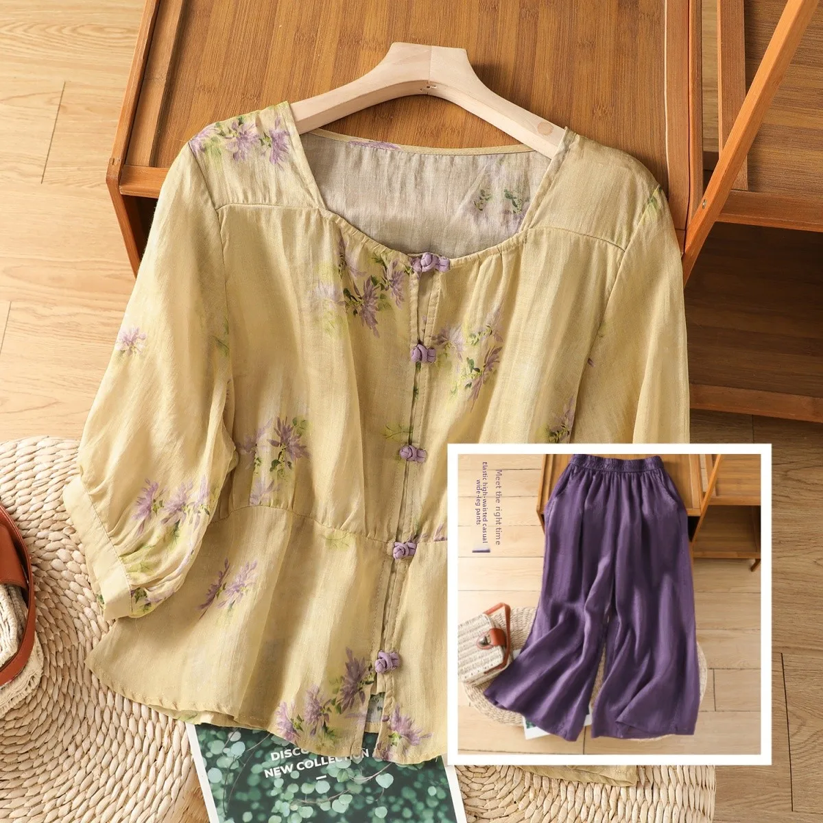 

Spring Summer New plus Size Women's Casual Cotton Linen Embroidered Top High Waist Pants Two Piece Set Slimming Effect