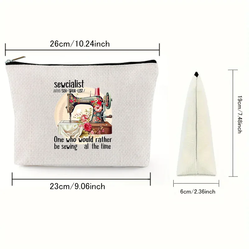 Bolsa de almacenamiento de lona de lino impresa para máquina de coser, bolsa de maquillaje de gran capacidad, bolsa de cosméticos de viaje con cremallera, paquete de lápiz labial de billetera cero