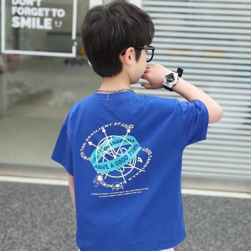 Children's Round Neck New Temperament Summer T-shirt Five-point Sleeve Simple Trend All-match Korean Style Children's Clothing