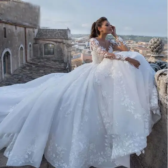 Robe de mariée Sexy en tulle, col en V, manches longues, dos ouvert, dentelle blanche, avec des appliques, pour fête de mariage