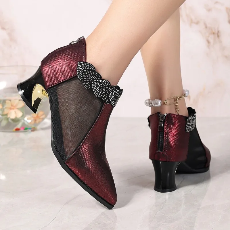 Wine Red Paneled Pointed Toe Booties Niche Show Tall Women's Sandals view 4
