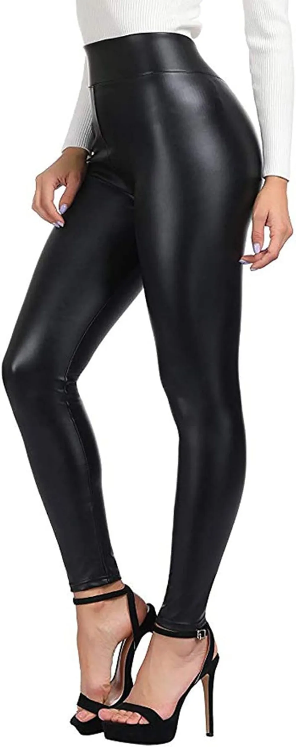 Women's Faux Leather Leggings Pants PU Elastic Shaping Hip Push Up Black Sexy Stretchy High Waisted Tights
