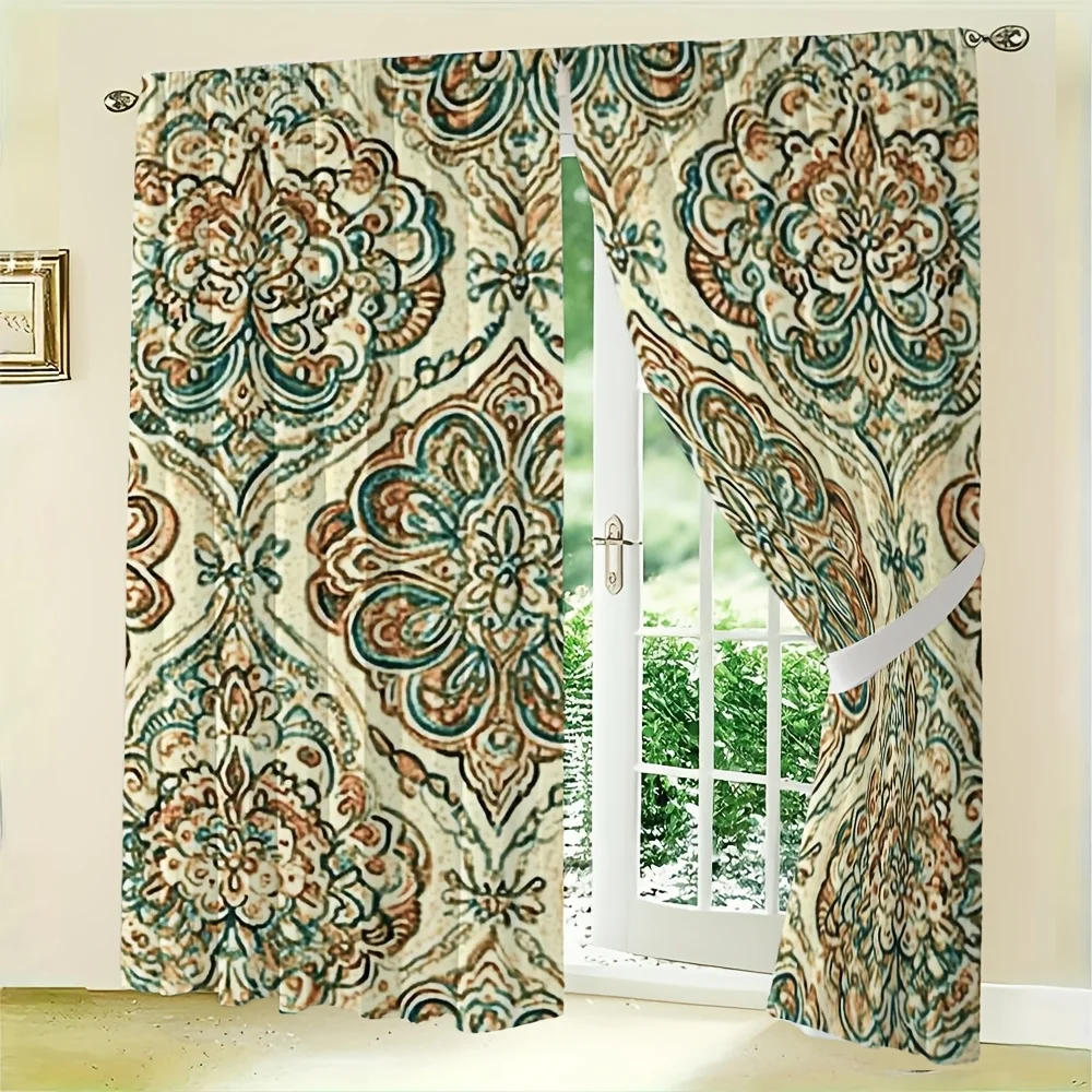 2PC Indian Mandala Floral Curtain Panels 150x250cm Cotton Blend Light Filtering Decorative curtains for living room
