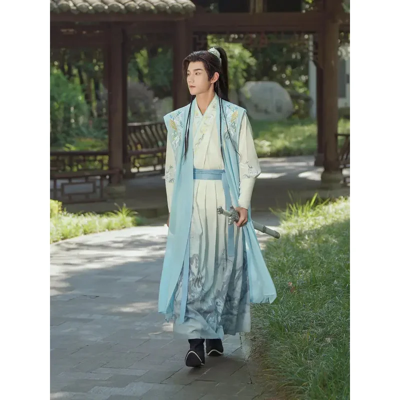 

Древний китайский костюм Mo Ran, мужской комплект из 4 предметов, юбка для лица, халат Hanfu, боевые искусства, принт дракона, летающий Fisx; 3,v'9.e; 7'