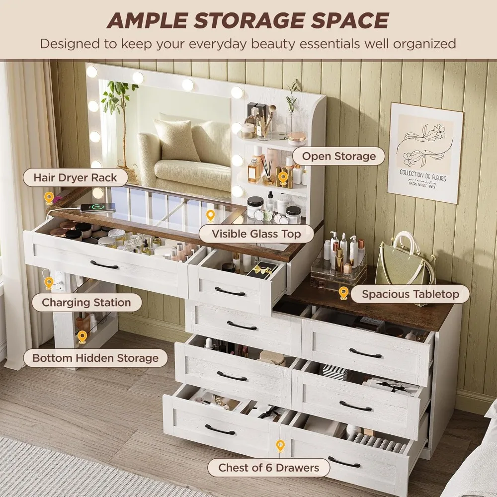 مكتب مكياج كبير للمزرعة، مجموعة خزانة زينة ذات سطح زجاجي، طاولة تزيين مكياج، مع مرآة وأضواء و8 أدراج