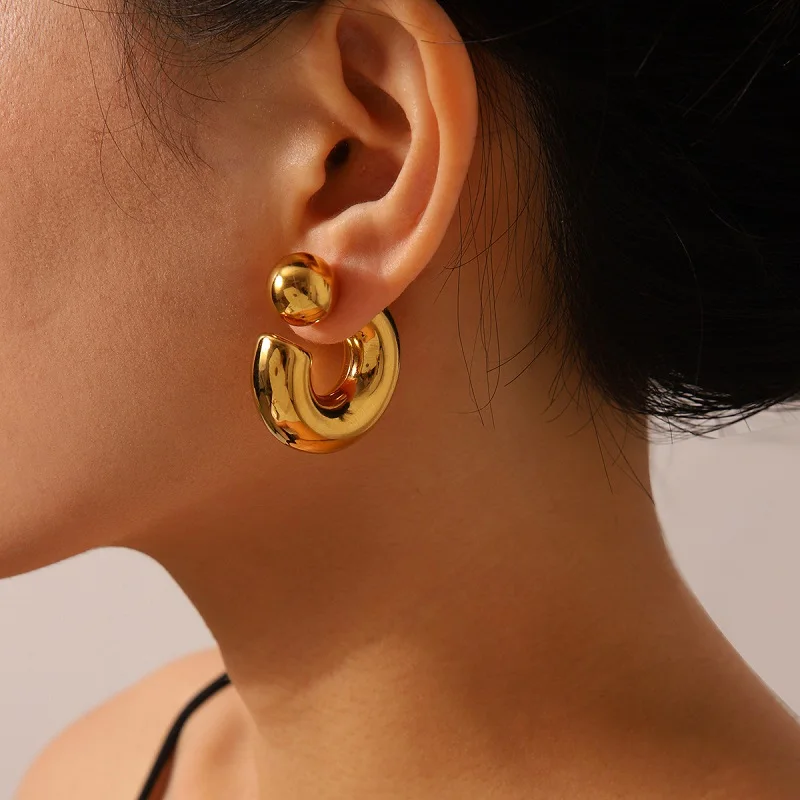 

Stainless Steel C Shape Round Chunky Unusual Earrings Jewelry Waterproof Metal Texture Attractive Women Accessories Gift