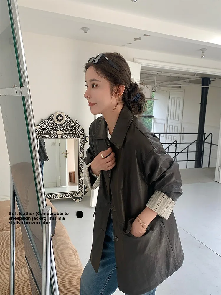 

Ladoga Home ort Leather Jaet eepskin Texture Cuffed Sve Striped 2 Colors Women's Faion Commute Sle Loose Fit