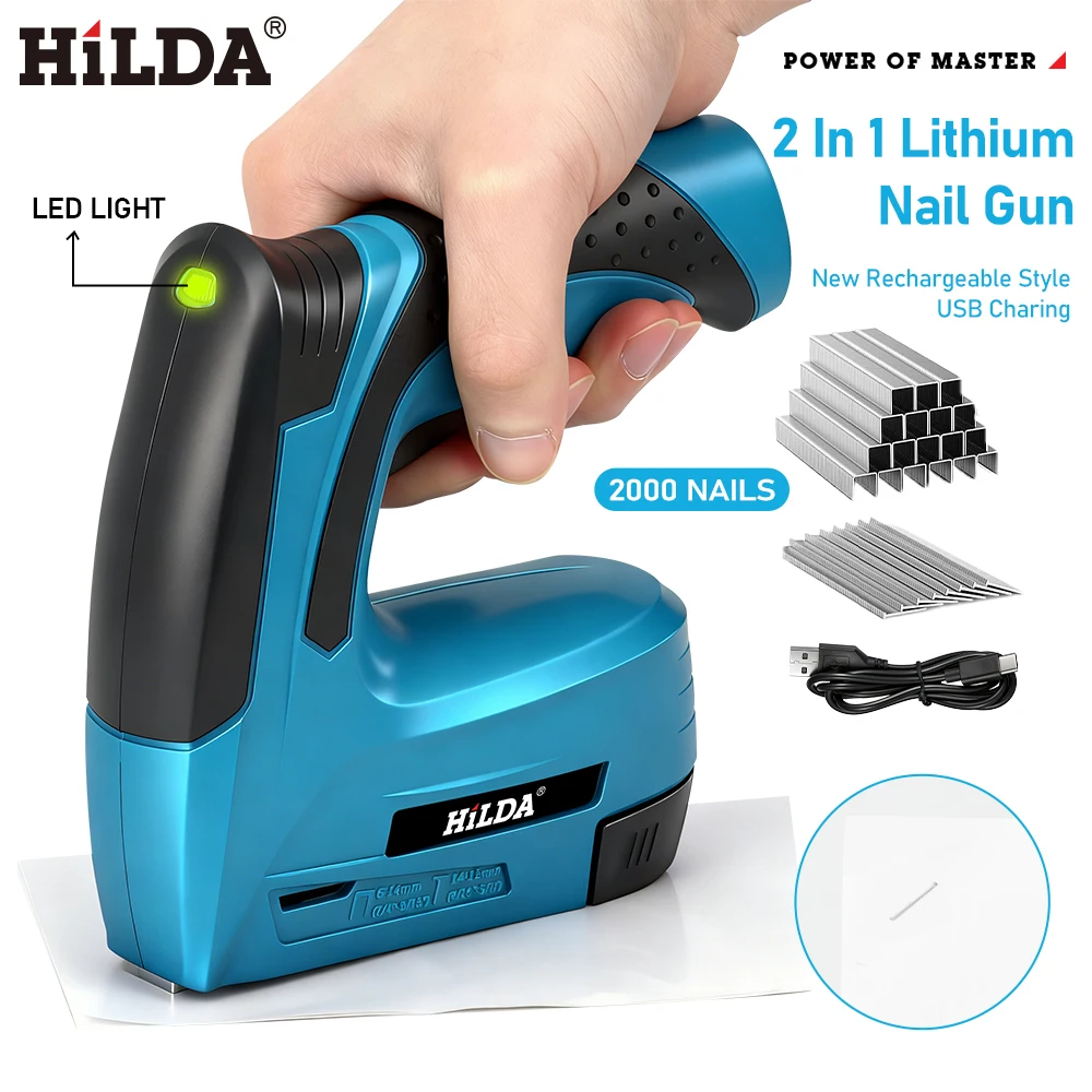 With 2000pcs Staples Nail Gun DIY Tools Electric Nail Gun 2 in1 Portable Furniture Pneumatic Air Nail Gun LED Light