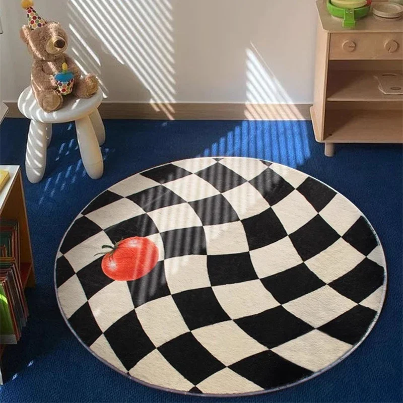 

Round Chessboard Carpet Irregular Plaid Creative Rug Modern Artistic Living Room Carpet Comfortable Soft Bedroom Play Floor Rugs