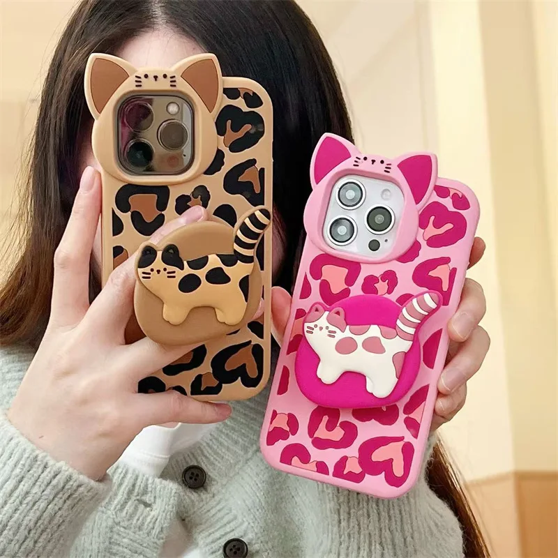 

For iPhone 16 15 Pro Max 14 13 12 11 14 Pro 13 Pro 12 Pro Max Cute Leopard Cat Cartoon Silicone Soft Back Phone Case with Holder