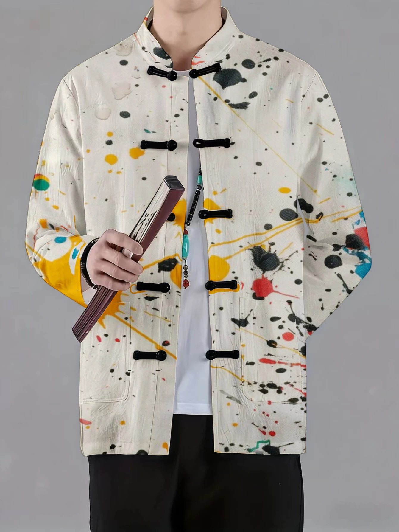 Men Men Mandarin Collar Frog Button Jacket Wave Marble Splash Ink Art Print Traditional Outerwear - Aliexpress Deal