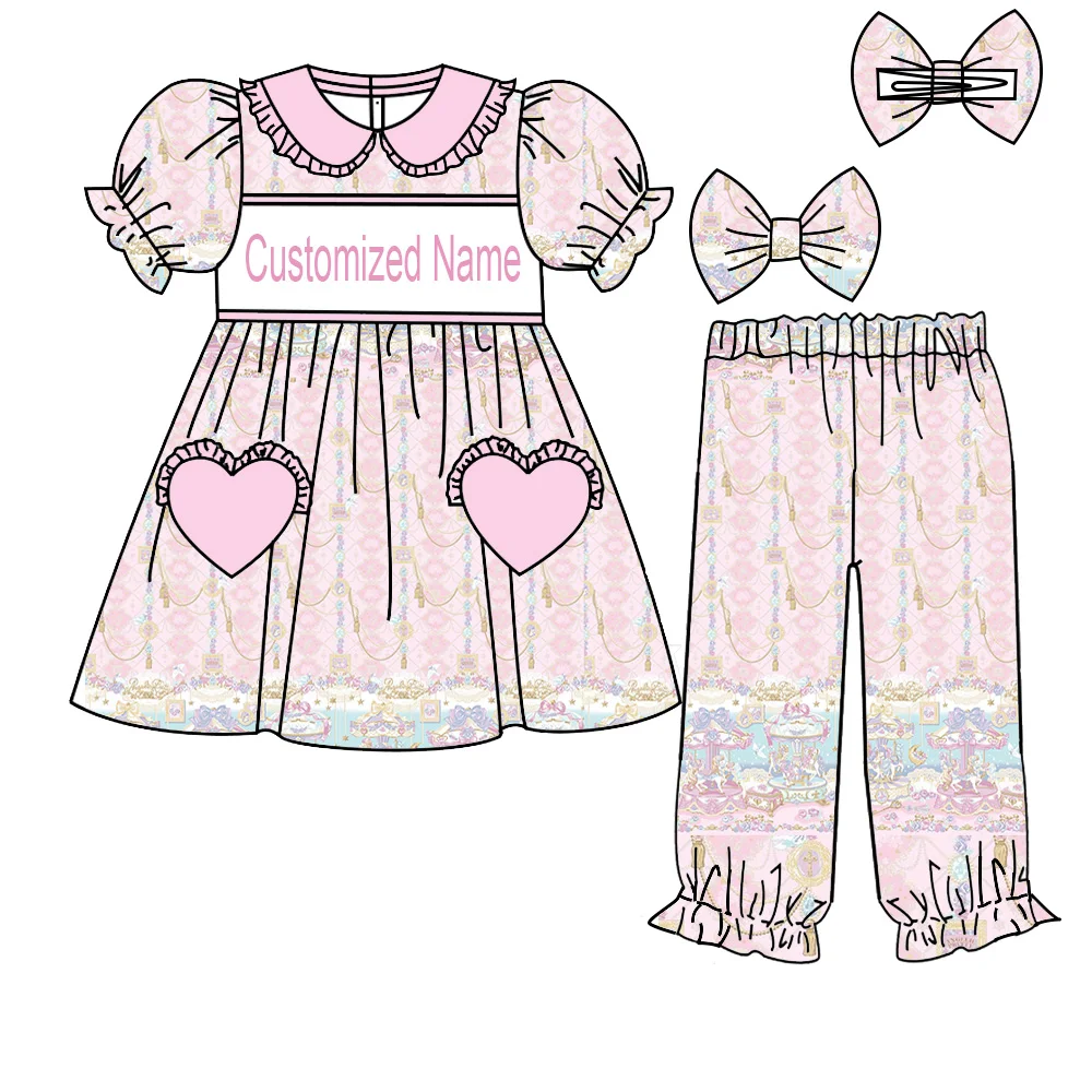 

Boutique children's suit girl series lapel short-sleeved cartoon star chicken flower house printed trousers bow girl pajama suit