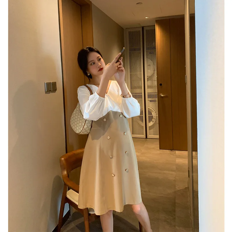 Pregnant women gentle temperament bump color v-collar double-breasted dress spring and autumn dress