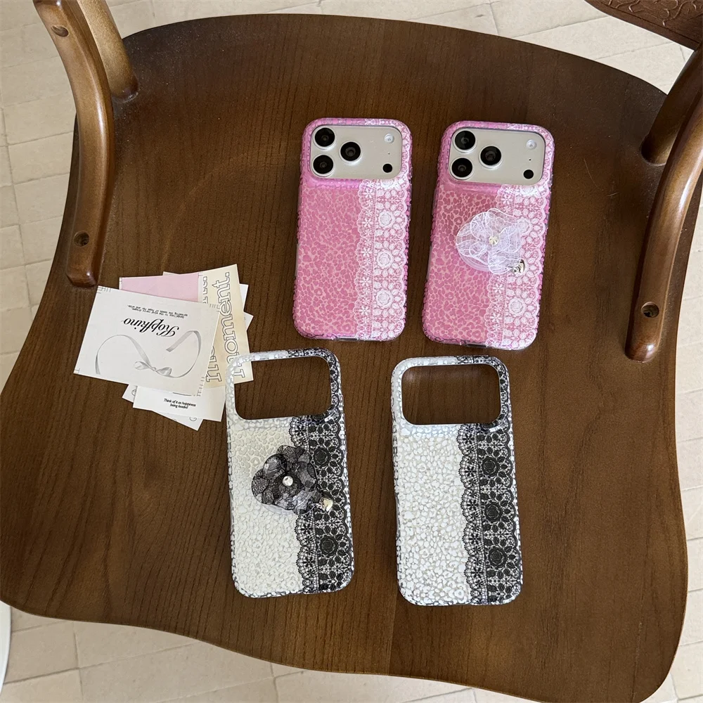 Vintage Lace Glitter Phone Case For iPhone 15 16 17 Pro Max 3D Fabric Flower Decor Shockproof Girly Protective Cover