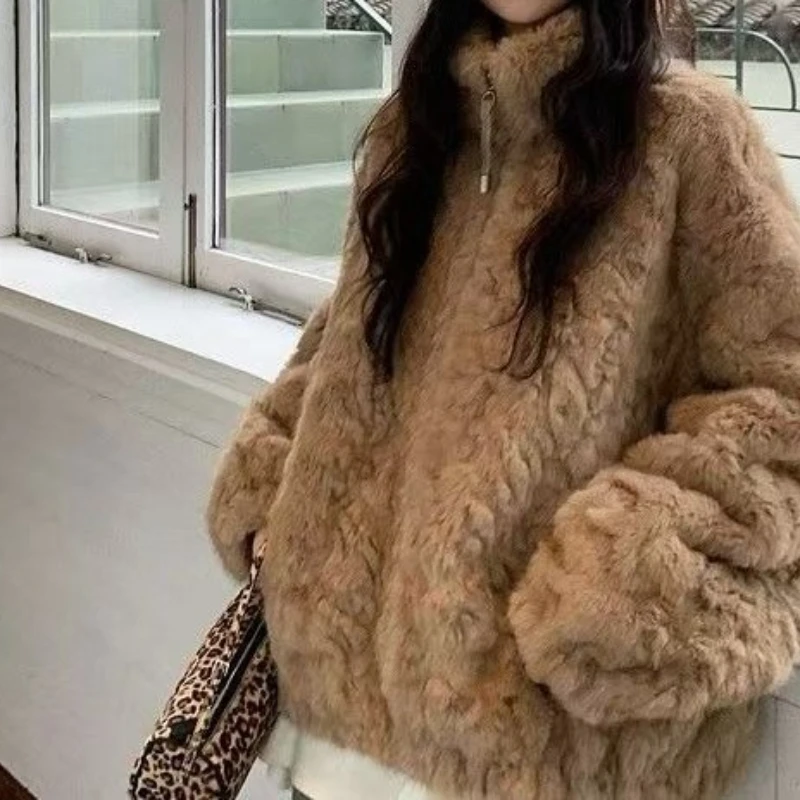 

Осень/зима 2025 г., свободное пальто из искусственной овечьей шерсти с воротником-стойкой, короткая утолщенная женская куртка, топ