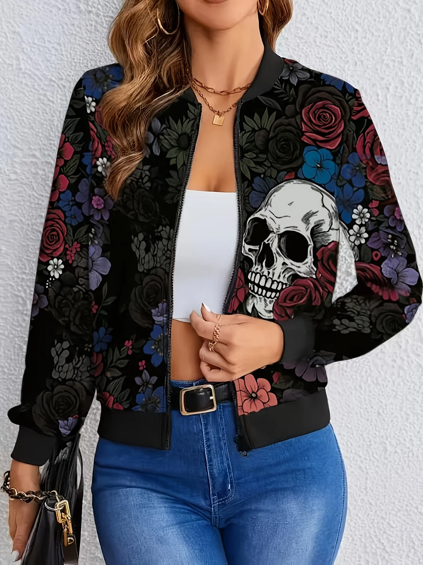 Women's Baseball Jacket with Zipper, Casual Commuter Style, Floral Print Coat