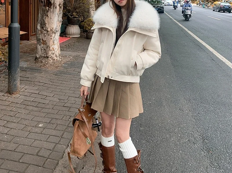 New Lambhair Big Fur Collar Women's Short Style with A High-end Temperament Small Winter Down Cotton Coat Jacket