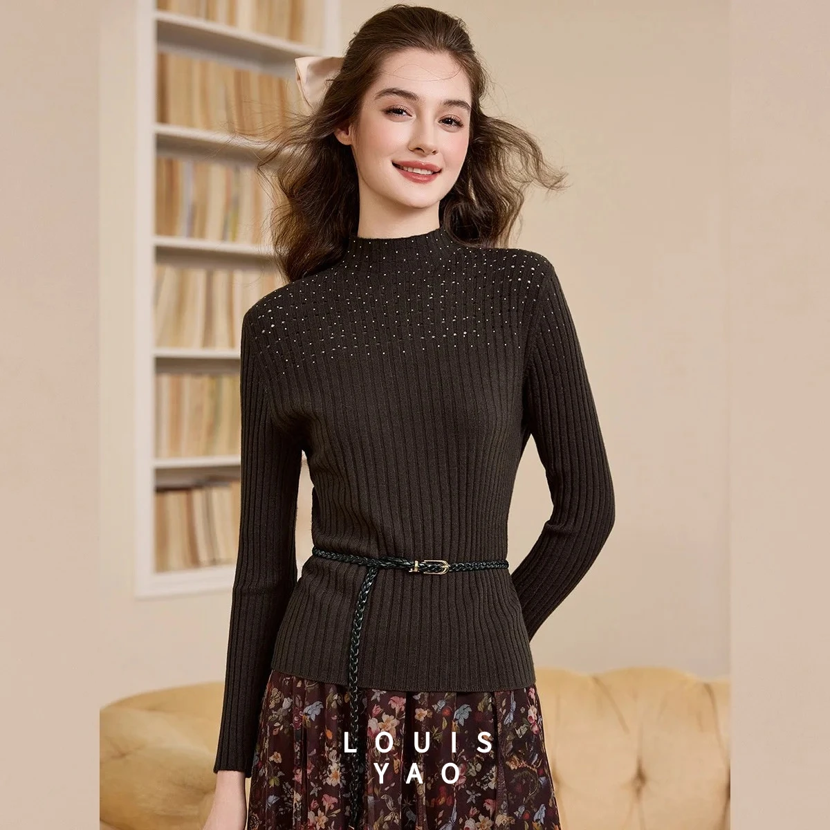 

LOUISYAO Sequined Trim Half-Turtleneck Sweater 2025 Winter Pullovers Fashion Slim-Fit Long sleeves Women's Knitted Sweater